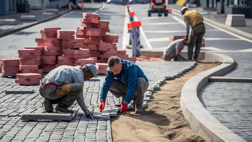 Seal Canada Three workers are laying paving stones on a street, with stacks of bricks nearby and construction barriers in the background. Asphalt & Coatings
